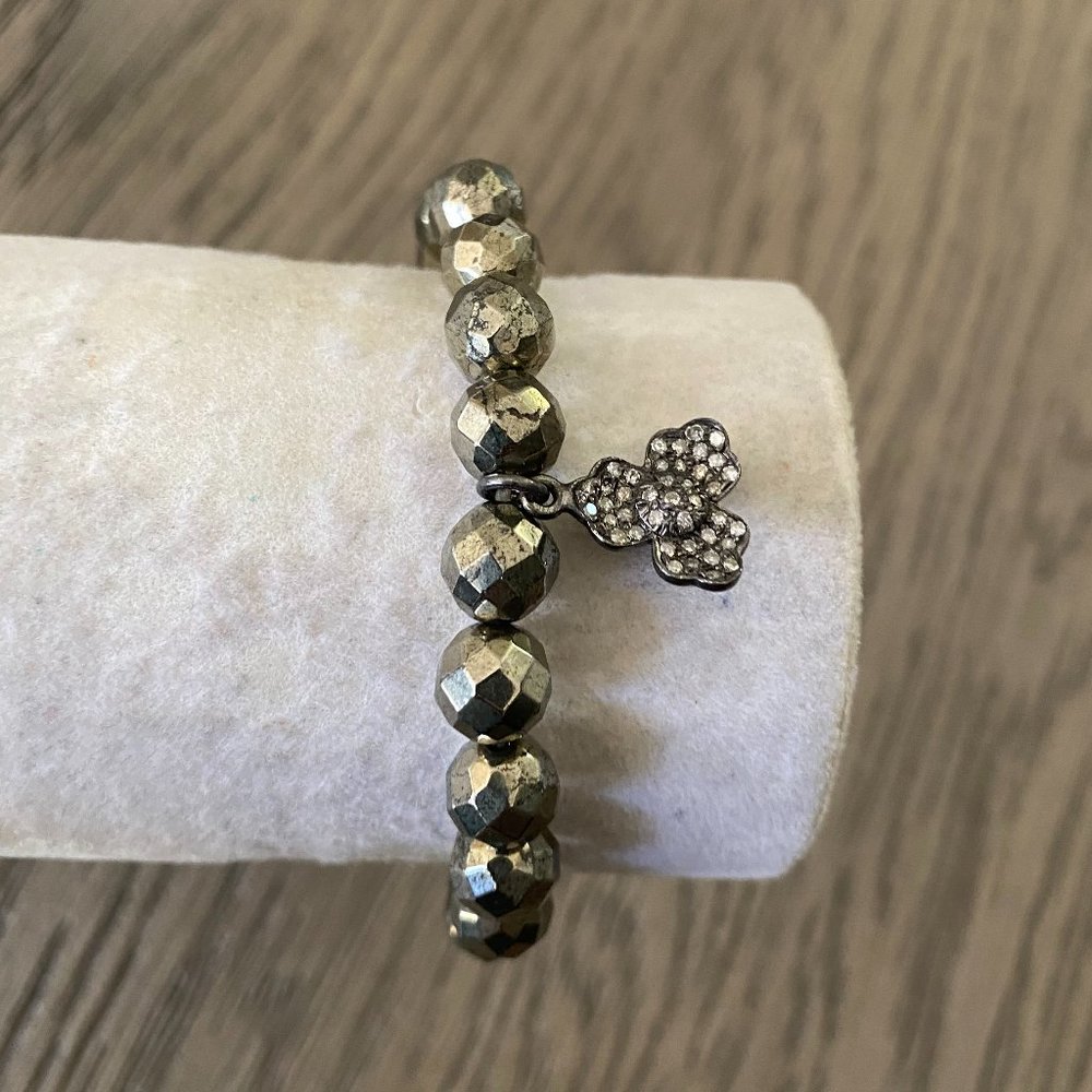Chan Luu Black Diamond Flower Charm Pyrite Stretch Bracelet